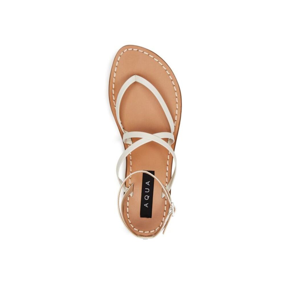 AQUA Womens White Strappy Sand Round Toe Block Heel Leather Thong Sandals 6 M
